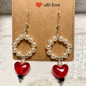 ❤️5 for $15 Red Hearts and Pearls Handmade Valentines Silver Dangle Earrings